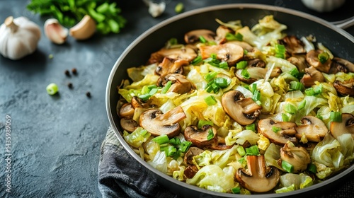 Obraz na płótnie Savoy cabbage and mushrooms with green onions are cooked in a pan. It is perfect for healthy meals, recipes or food product advertising. w salonie