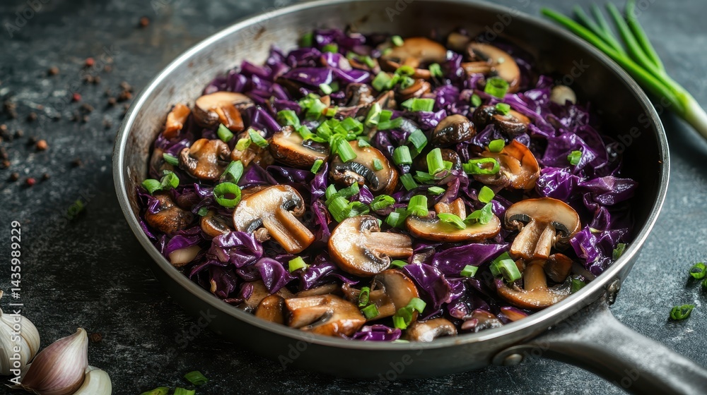 Pan-fried mushrooms with red cabbage and green onions served on rustic background. Use this delicious image to promote food recipes and healthy eating.