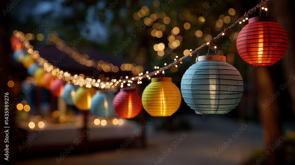 Fototapeta premium A festive night sky with glowing lanterns, ideal for cultural or holiday-themed graphics. 