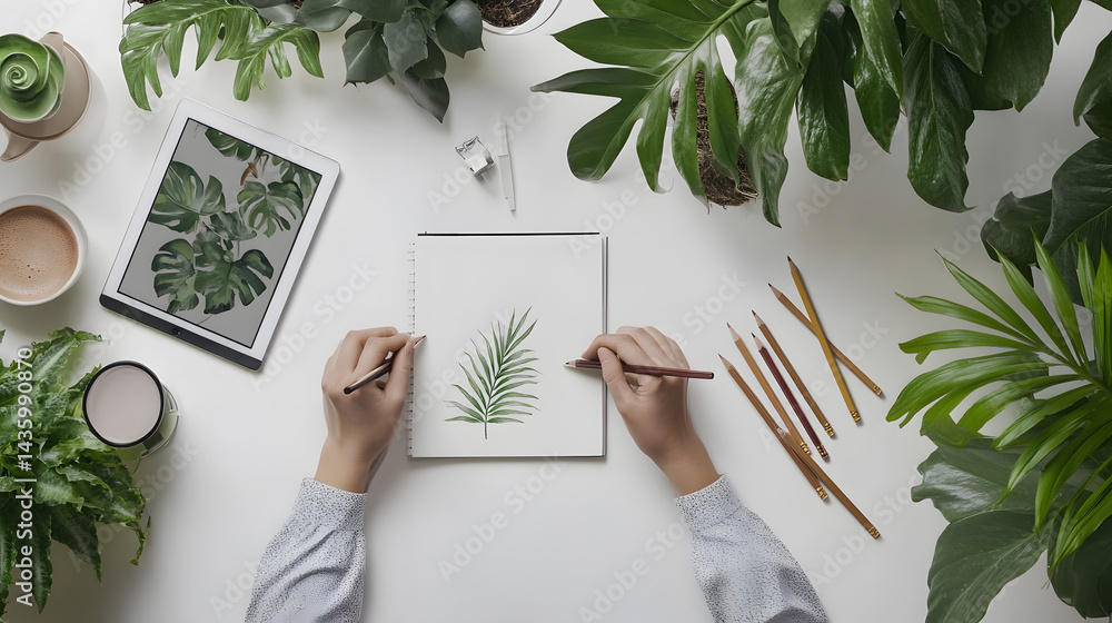 Artist Hands Drawing Tropical Leaf Sketch Botanical Illustration Plants Workspace