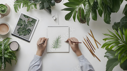 Obraz na płótnie Artist Hands Drawing Tropical Leaf Sketch Botanical Illustration Plants Workspace w salonie