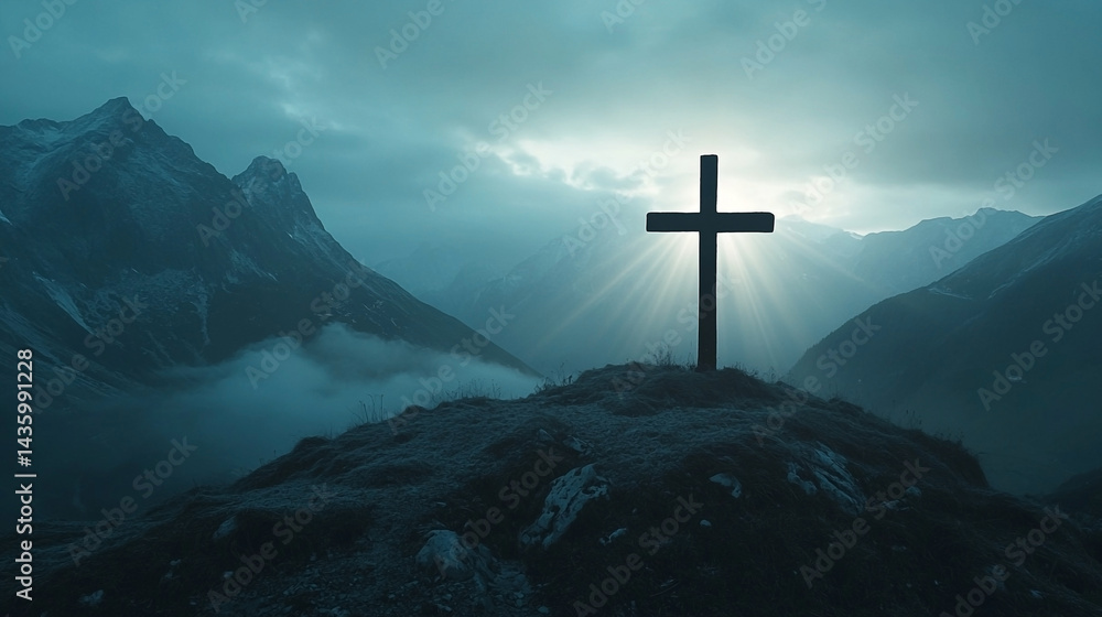 Mountainside Cross Silhouette with Divine Backlighting at Dusk or Dawn Mountainside Cross Silhouette with Divine Backlighting at Dusk or Dawn