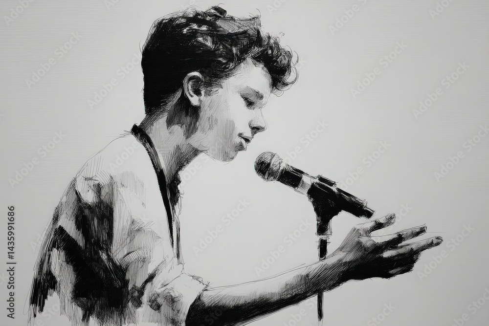 Young Artist Singing Passionately Into a Microphone on Stage