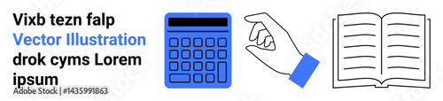 Calculator, reaching hand, open book reflecting education, analytics, finance, technology, research, self-learning and organization. Ideal for study tools apps tutorials simple landing page