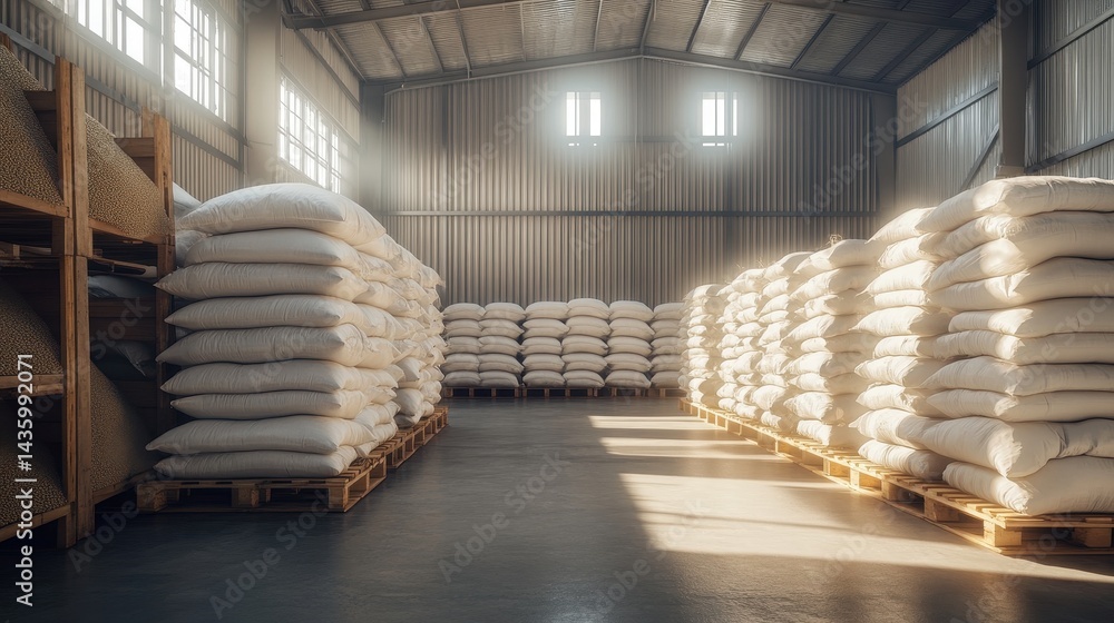 Sacks full of goods neatly stacked on pallets fill a sunlit industrial warehouse. It can represent storage, bulk supplies, agriculture, or wholesale business.