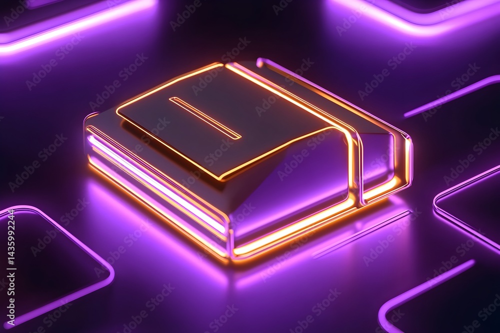 A metallic book icon, glowing with neon purple and orange light, rests on a dark, gridded surface A metallic book icon, glowing with neon purple and orange light, rests on a dark, gridded surface