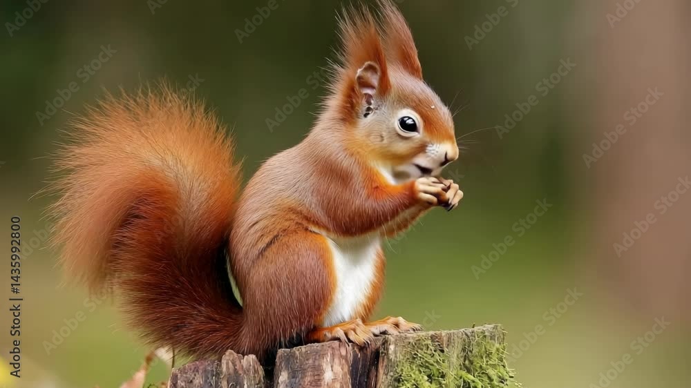 Alert red squirrel foraging while perched upon a mossy tree stump against a backdrop of verdant woodland foliage. Alert red squirrel foraging while perched upon a mossy tree stump against a backdrop of verdant woodland foliage.