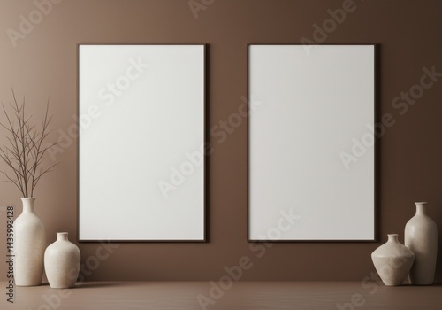 Two frames mockup with vases on brown wall