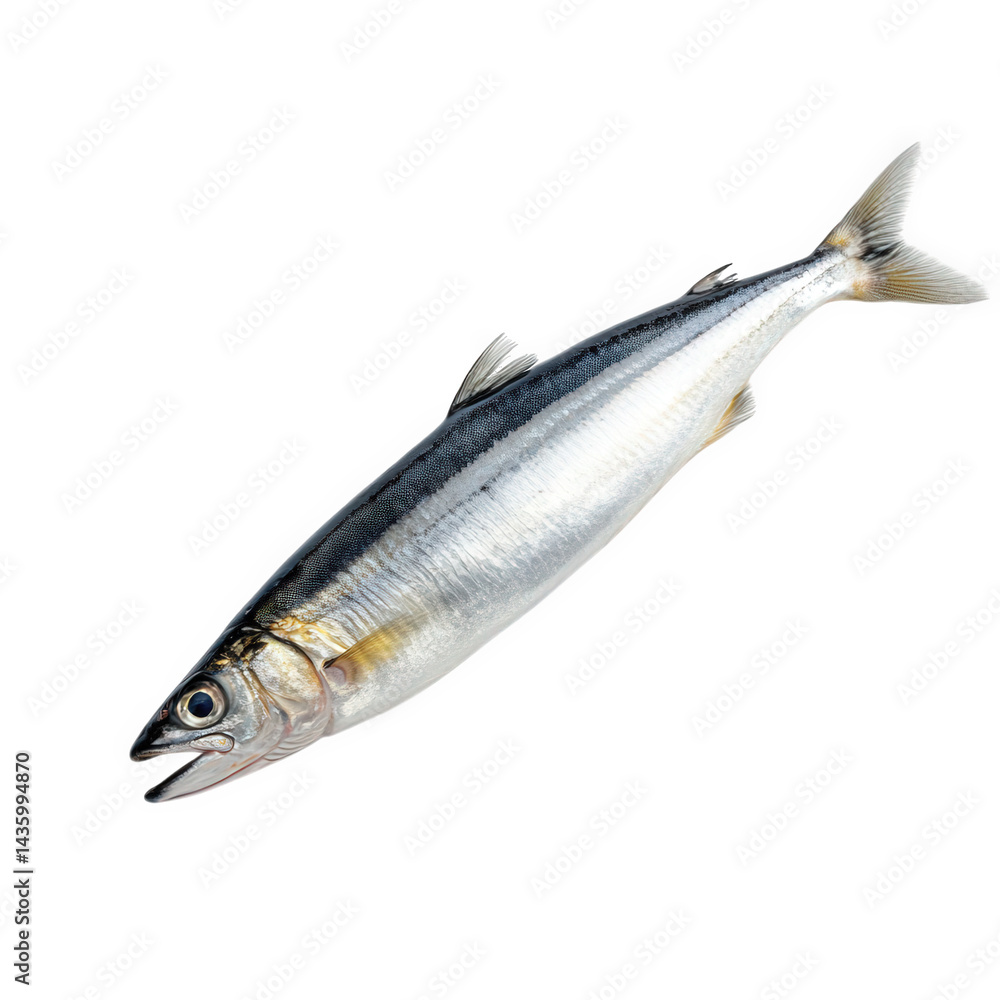 whole fish. showcasing its sleek. elongated body with a silver sheen and subtle blue stripes along the back. placed against a plain white background this presentation highlights the fish's fresh appea whole fish. showcasing its sleek. elongated body with a silver sheen and subtle blue stripes along the back. placed against a plain white background this presentation highlights the fish's fresh appea