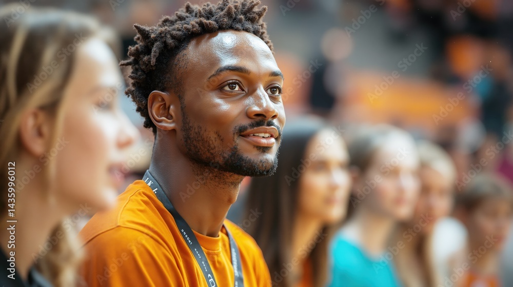 Fototapeta premium African male adult smiling in group setting with caucasian young adults in background