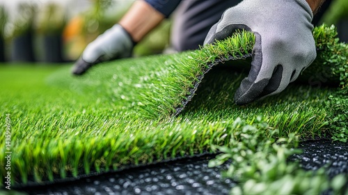 A landscaped area being fitted with artificial turf.