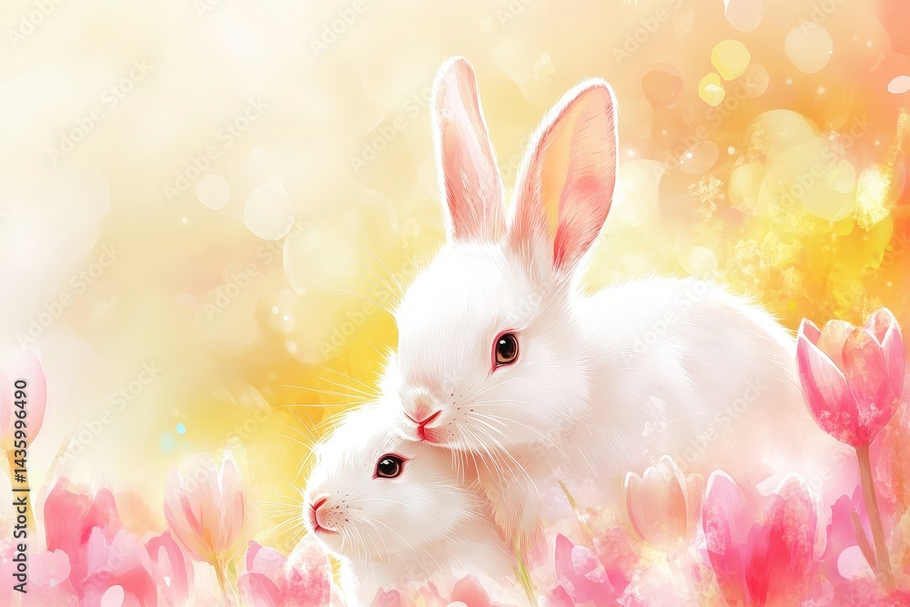 White rabbits joyfully playing among colorful tulips in a vibrant spring garden during sunny weather White rabbits joyfully playing among colorful tulips in a vibrant spring garden during sunny weather