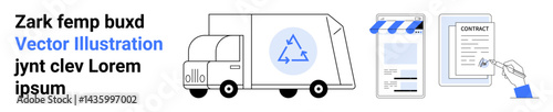 Delivery van carrying recycling symbol, digital storefront on screen, and signed agreement form. Ideal for e-commerce, logistics, eco-friendly initiatives, contracts, apps, delivery services simple