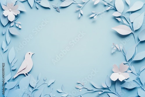 Light blue papercraft floral frame with a delicate bird.