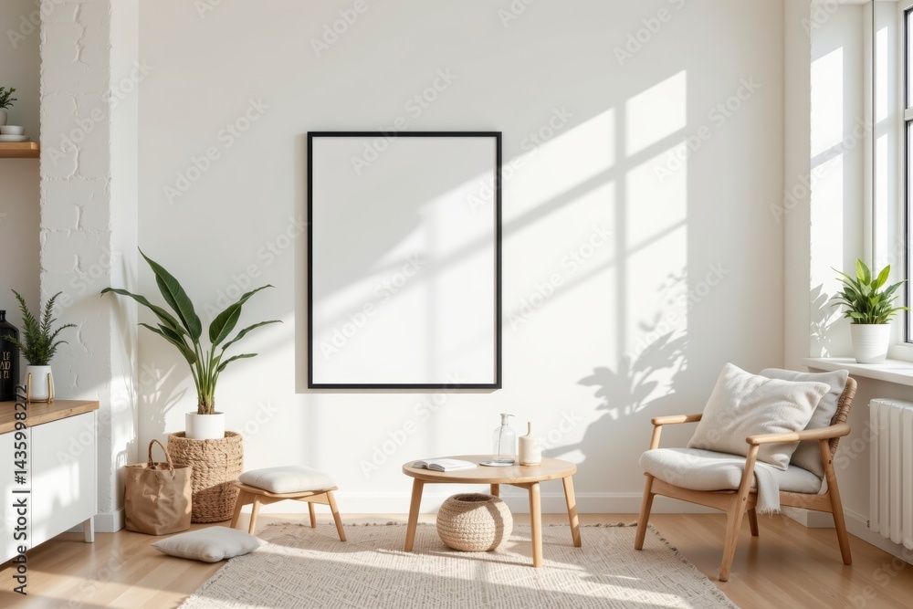 Fototapeta premium Bright and Airy Living Room with Natural Light and Minimalist Decor Featuring Empty Frame