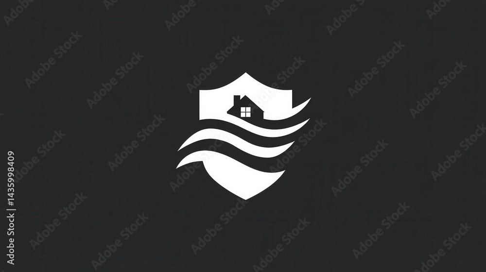 Abstract shield logo with house and wave elements on dark background