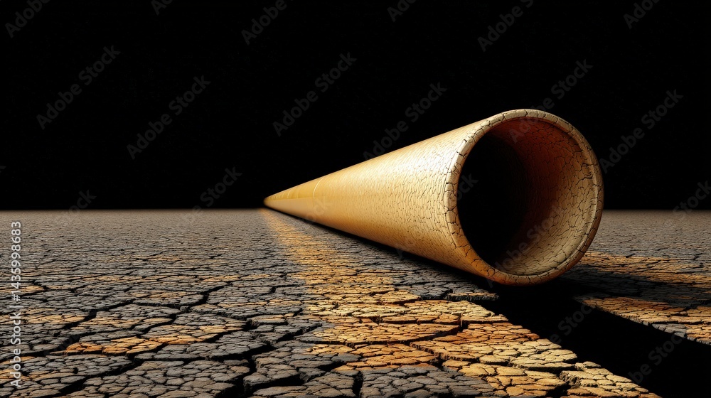 Abstract View of Cracked Earth with a Cylindrical Object in Darkness