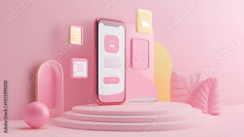 Obraz na płótnie Pink Mobile App Interface Design Mockup with Cloud and Document Icons on Pastel Background w salonie