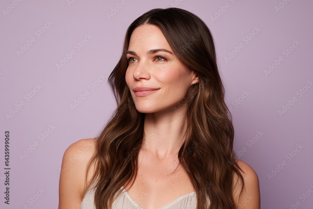 Smiling woman looking away with a plain background for beauty or lifestyle use Smiling woman looking away with a plain background for beauty or lifestyle use