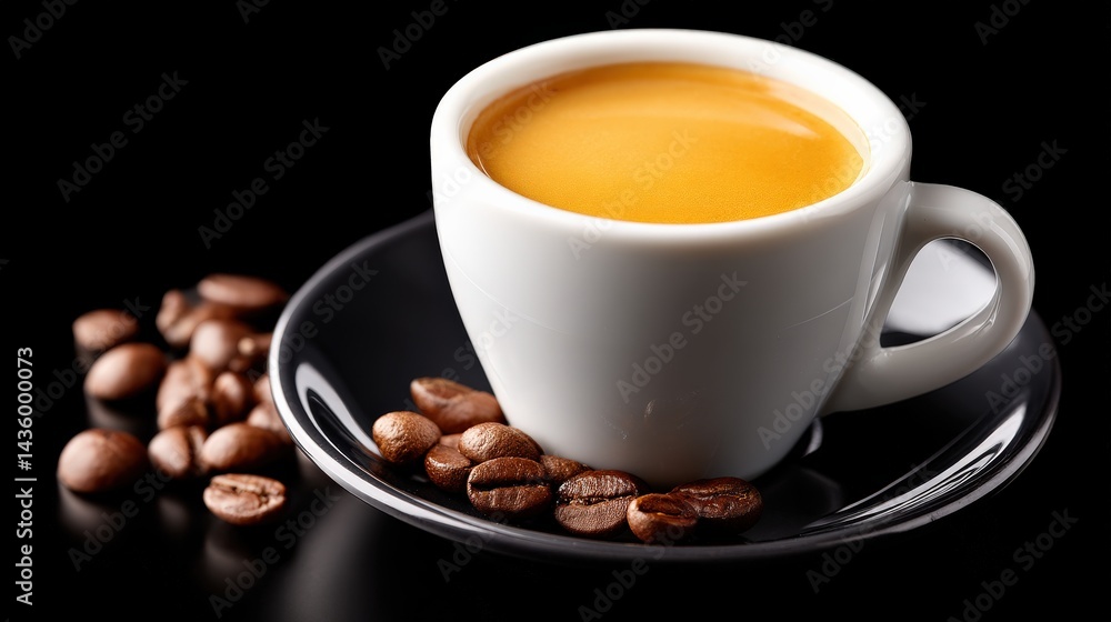 Aromatic Espresso Shot in White Cup with Coffee Beans on Black Background