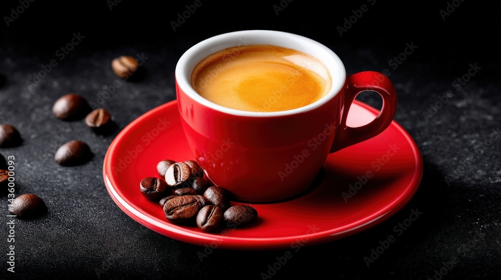 Aromatic Espresso in Red Cup Surrounded by Coffee Beans on Dark Surface