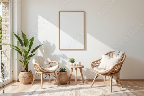 Bright and Stylish Living Room Interior with Rattan Chairs and Minimalist Decor