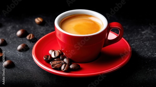 Obraz na płótnie Aromatic Espresso in Red Cup Surrounded by Coffee Beans on Dark Surface w salonie