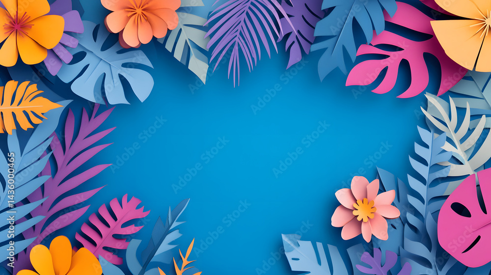 Vibrant Paper Tropical Flowers and Leaves Summer Background Design