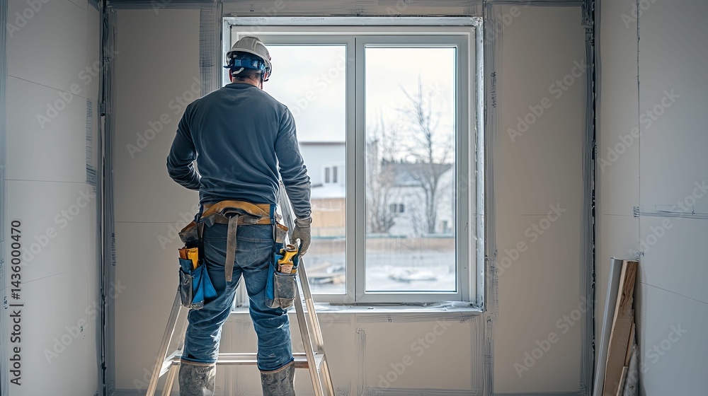 Construction worker stands on a ladder by a new window. Construction worker stands on a ladder by a new window.