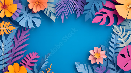 Obraz na płótnie Vibrant Paper Tropical Flowers and Leaves Summer Background Design w salonie