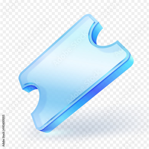 Modern glass blue 3D ticket icon with isolated transparent background, perfect for events, tickets, or passes. ideal for digital marketing and design. Vector illustration.