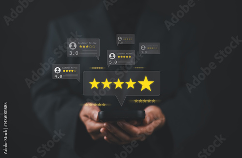 Customer review satisfaction feedback survey concept. User give rating to service excellent experience on mobile phone application, Client evaluate quality of service reputation ranking of business.
