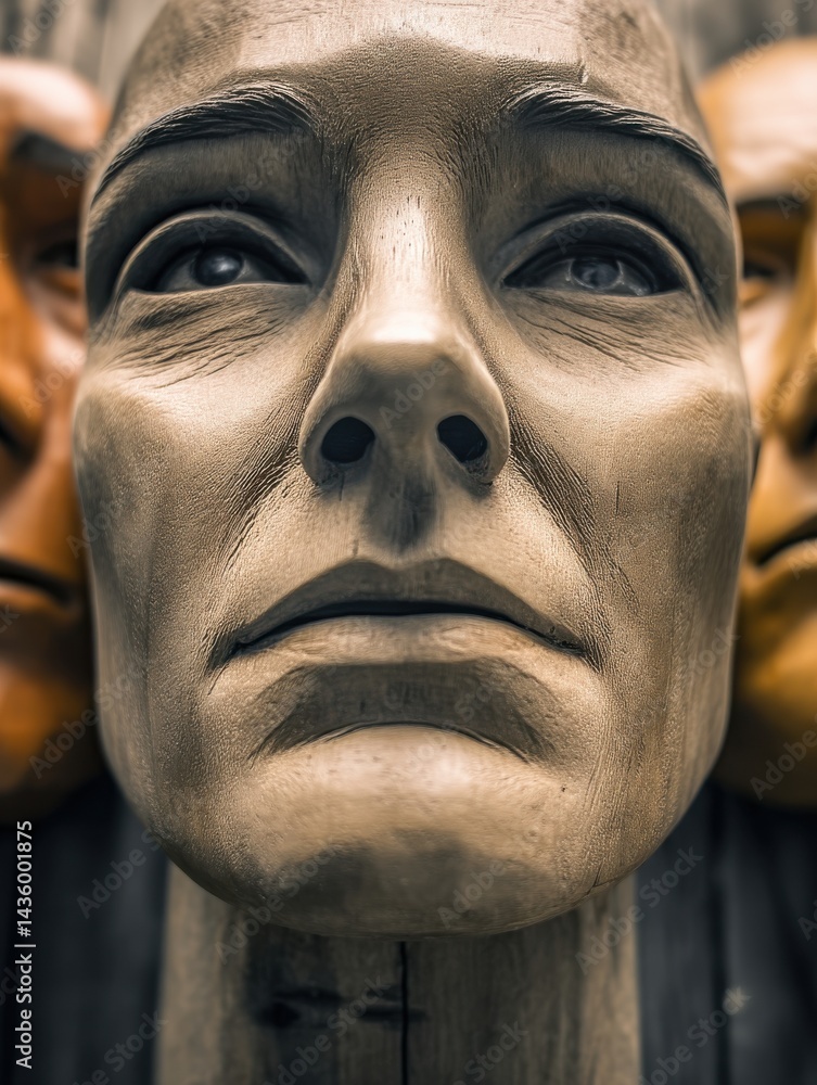 Fototapeta premium Artistic display of wooden sculptures depicting various human expressions in a creative gallery