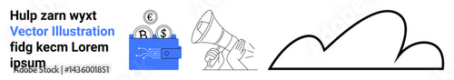 Wallet holding money and credit cards, megaphone for advertising or announcements, cloud symbolizing storage or online technology. Ideal for fintech, marketing, advertising, data, cloud services