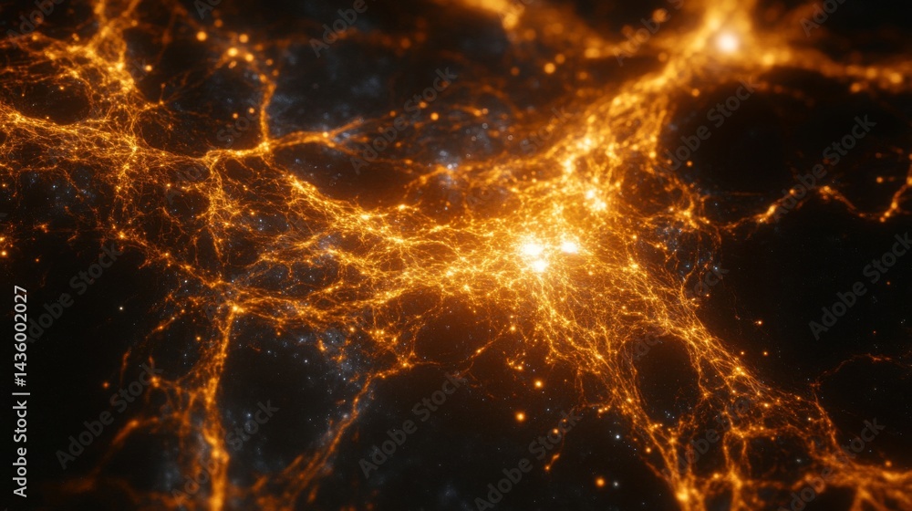 Fototapeta premium Cosmic Network Glowing Orange and Gold in Dark Space