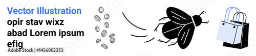 Coin trail, buzzing insect in motion near shopping bag illustrating spending, savings, consumption, or financial habits. Ideal for finances, e-commerce, marketing, behavior minimalism budgeting