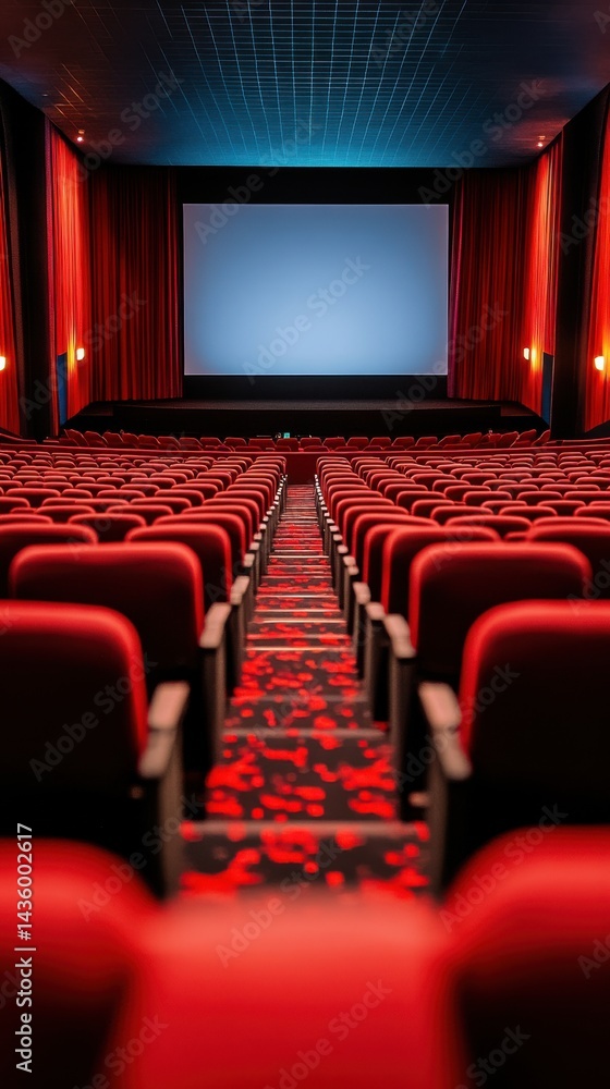Fototapeta premium Modern cinema interior with red seating ready for screening at night
