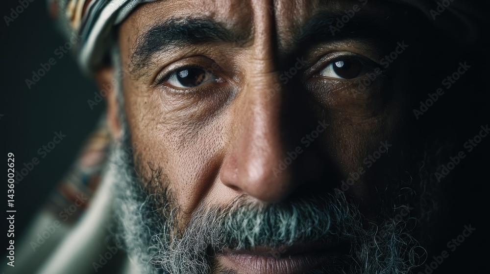Portrait of a man with a traditional headscarf showcasing deep expression and wisdom in dim light Portrait of a man with a traditional headscarf showcasing deep expression and wisdom in dim light