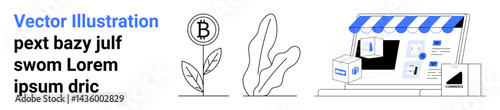 Bitcoin plant with coin, business storefront with highlighted e-commerce icons, and delivery box. Ideal for cryptocurrency, investments, e-commerce, logistics, delivery, digital economy simple