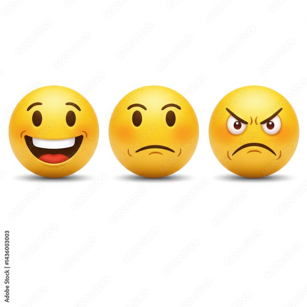 Three yellow round emojis displaying happy sad and angry facial expressions Three yellow round emojis displaying happy sad and angry facial expressions