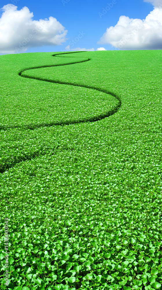 Serene Winding Path Through Lush Green Field Under Blue Sky with Fluffy Clouds