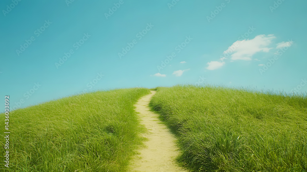 Serene Path Through Summer Grassland Hill Under Blue Sky