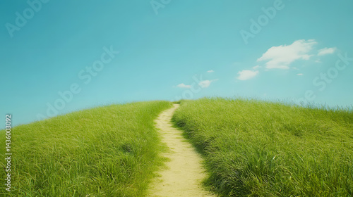 Obraz na płótnie Serene Path Through Summer Grassland Hill Under Blue Sky w salonie