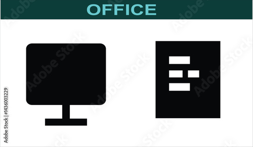 Office Equipment Icons Monitor and File Cabinet Silhouettes.