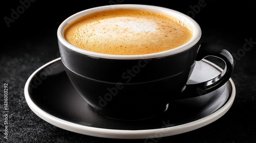 Black Coffee Cup with Cream Foam on Dark Background, Close-Up