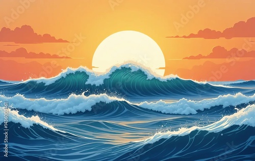 Wallpaper Mural A digital illustration of a vibrant sunset over the ocean with large waves Torontodigital.ca