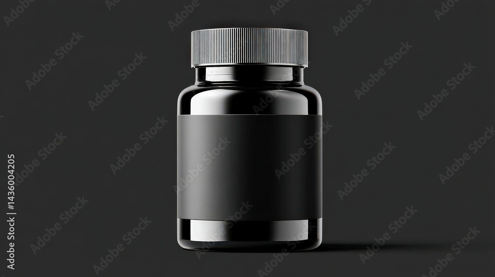 Black Glass Jar with Metallic Lid on Dark Background for Product Mockup