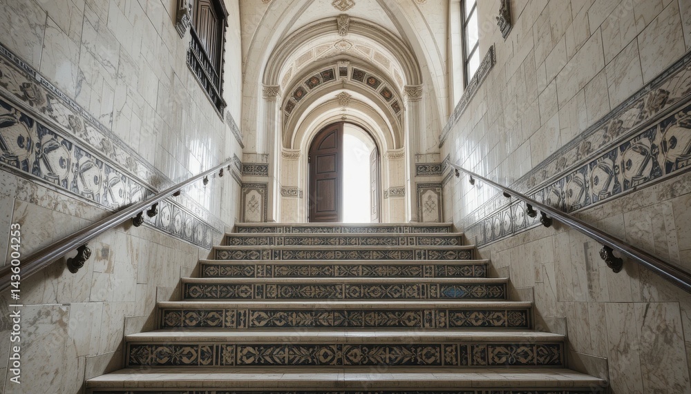 Obraz premium Intricate Tile Staircase Leading to Archway Architectural Detail and Light