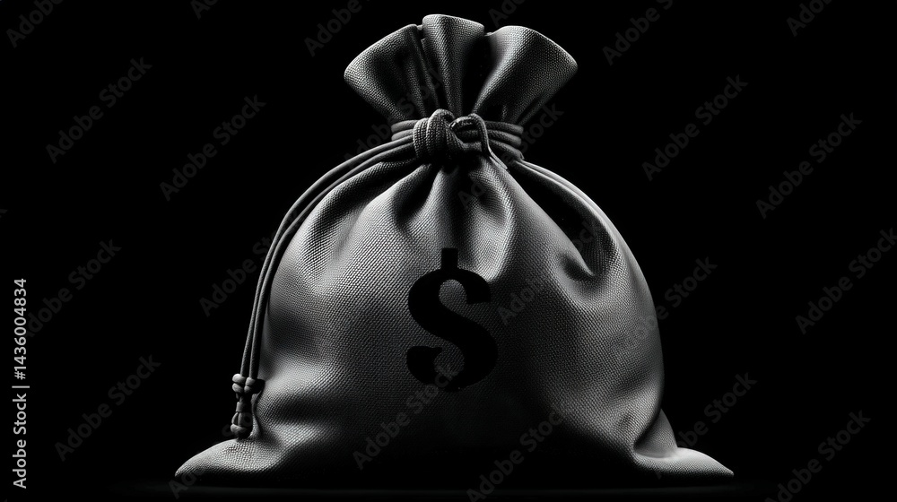 Black Money Bag with Dollar Symbol on Dark Background for Financial Themes