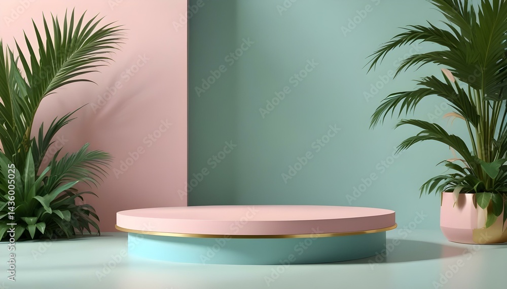 Fototapeta premium Stylish studio setting features a pastel podium with plants and complementary color backdrop.